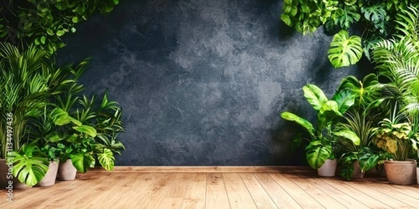 Fototapeta Wall with a green background and a large plant in the foreground