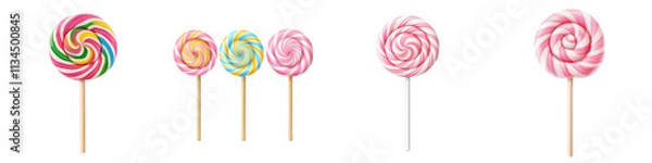 Fototapeta An assortment of colorful vibrantly hued lollipops and swirled candies in various shapes and sizes arranged on a plain white background