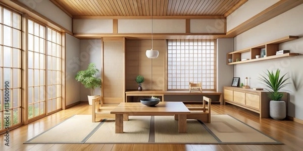 Fototapeta Minimalistic muji style room with empty wooden furniture, cleaning japandi interior, muji, style, empty, wooden