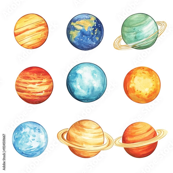 Fototapeta Celestial Watercolor Planets: A Vibrant Collection of Solar System Wonders