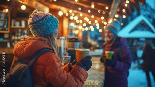 Fototapeta Two friends enjoy hot beverages at a cozy outdoor cafe. The winter atmosphere is warm and inviting. Lights sparkle against a chilly backdrop. Generative AI