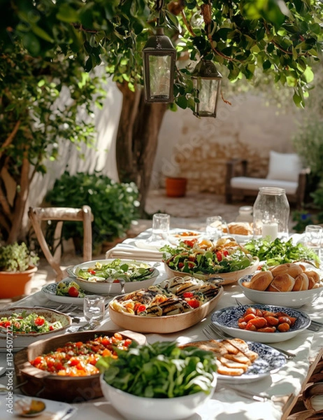 Fototapeta Rustic Outdoor Buffet Table with Fresh Vegetables, Salads, and Breads in a Lush Courtyard