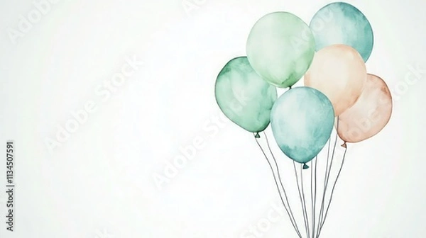Fototapeta A delicate watercolor illustration of a cluster of balloons in pale green, soft blue, and delicate peach, floating gently against a minimalist white background. 