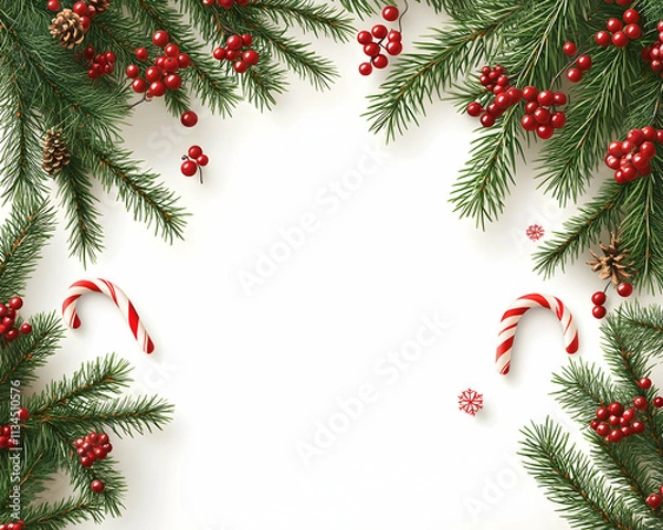Obraz Festive Christmas frame with fir branches, berries, pine cones, and candy canes on white background.