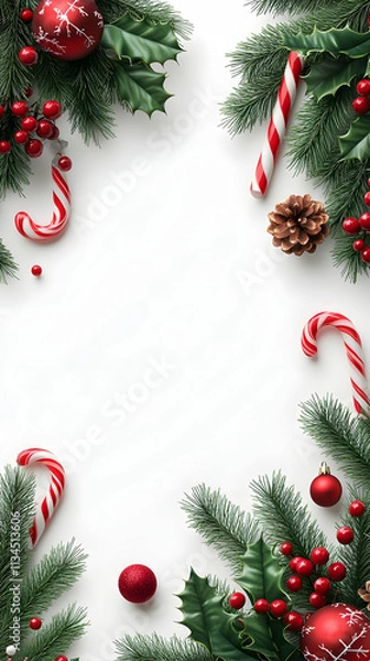 Fototapeta Festive Christmas border with ornaments, candy canes, and greenery on white background. (2)