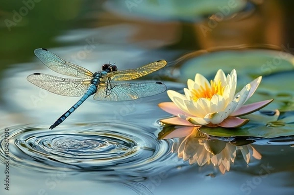 Obraz A tranquil macro shot of a blue dragonfly hovering over a pond with ripples near a blooming white water lily, bathed in warm golden sunlight, showcasing the beauty of nature's details.

