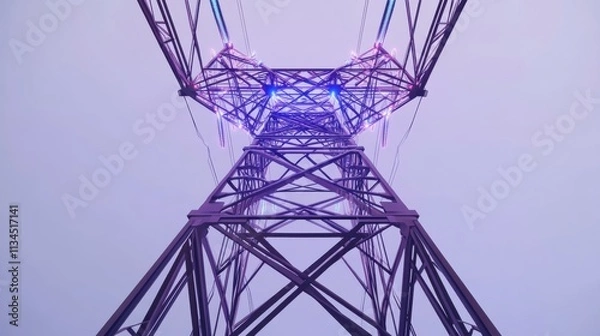 Fototapeta Stunning View from Below of a High Voltage Power Line Tower with Illuminated Design Against a Soft Pink and Purple Sky during Twilight, Capturing Modern Infrastructure