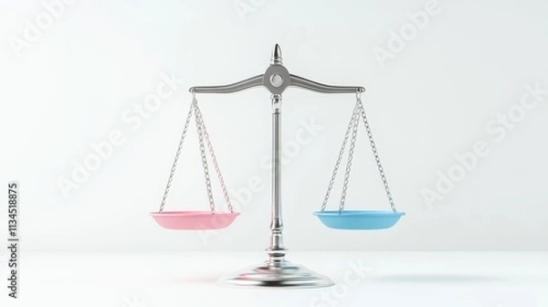 Fototapeta Silver Balance Scale with Pink and Blue Bowls Representing Equality and Justice in Modern Design Aesthetics Displayed on Minimalist Background