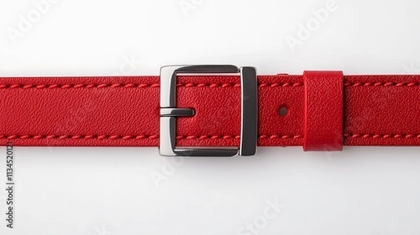 Obraz A vibrant red leather belt with a sleek silver buckle, featuring detailed stitching and a simple design.