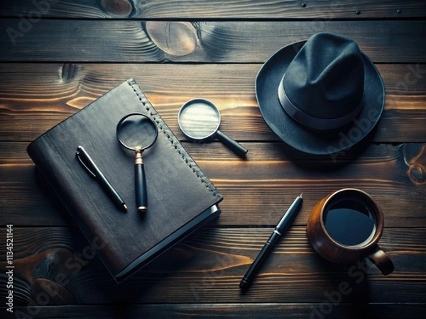 Fototapeta Mysterious silhouette spy, desk flat lay. Black wood backdrop, detective's table. Secret agent mystery.
