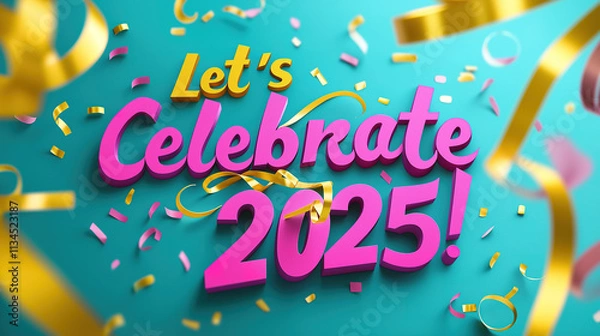 Fototapeta  Vibrant Let’s Celebrate 2025 Design with Magenta Typography and Yellow Streamers on Teal Background