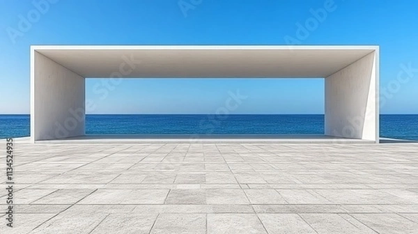 Fototapeta 3D rendering of modern minimalist geometric building with blue sky, highlighting architecture, futuristic design, and urban planning concepts.