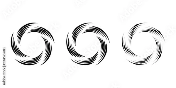 Fototapeta Set of black striped vortex shapes. Circle form. Geometric art. Trendy design element for frame, logo, tattoo, sign, symbol, web, social media, prints, posters, template, pattern, abstract background