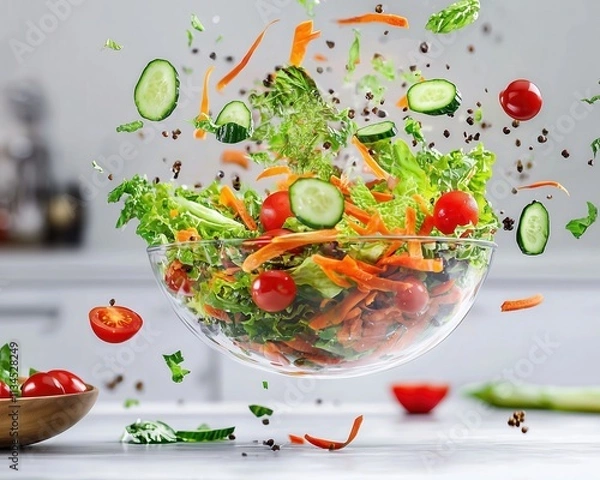 Obraz A vibrant and dynamic shot of a fresh salad tossed in mid-air with lettuce, cherry tomatoes, cucumbers, and carrots flying, captured against a bright kitchen background for natural appeal.
