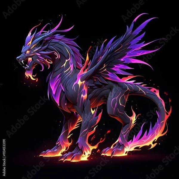 Fototapeta Fiery winged beast roars in digital fantasy art imagination realm illustration vivid colors dramatic perspective