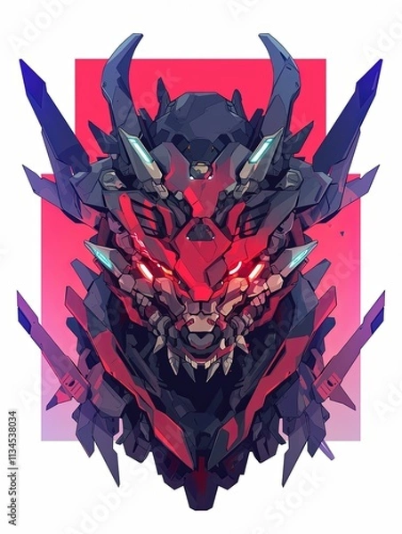 Fototapeta Fierce robotic dragon head illustration with sharp details and vibrant red and purple color scheme.