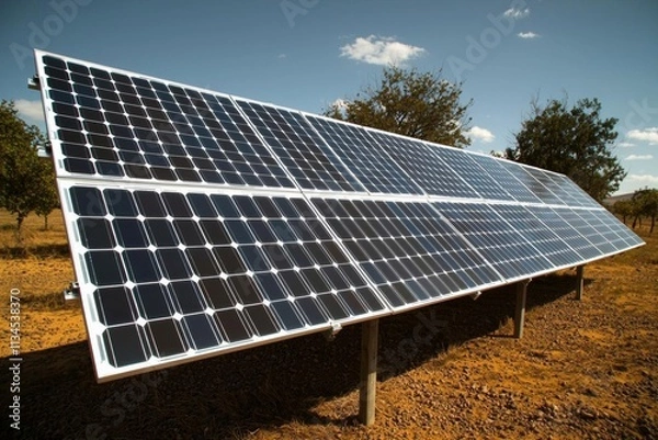 Fototapeta hyper realistic photo of  Close up wide angle view of photovoltaic solar panels on an off the grid electricity instalation on a farm in the Karoo outside Touwsrivier in the western