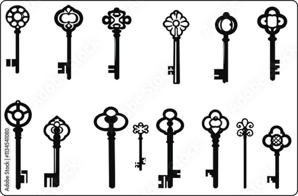 Fototapeta Vintage antique key silhouette black color, Medieval and modern keys, black vintage shapes set. Open door symbols, privacy and escape. Abstract tidy vector elements