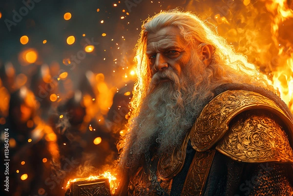 Fototapeta regal dwarven warrior with a glowing hammer amid a fiery backdrop
