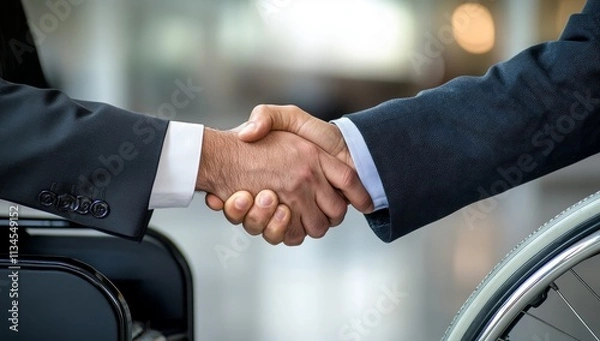 Fototapeta Close-up of two business people shaking hands, one in an office setting and the other sitting in a wheelchair