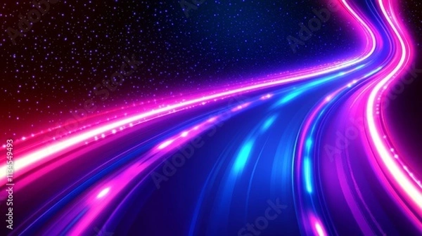 Fototapeta Vibrant neon light rays in purple and blue, representing high-speed space travel, time tunnel, and digital art design concepts.