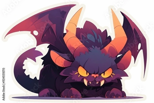 Fototapeta Grumpy purple cat-like creature with horns and bat wings, cartoon style illustration.
