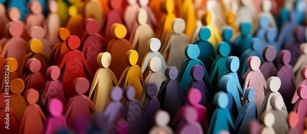 Fototapeta Colorful paper cutouts of people on a white background representing social media audience and female internet users