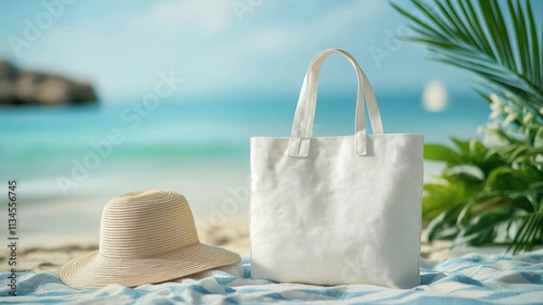Fototapeta Sustainable shopping mock-up with a blank tote bag, straw hat, and beach setting in the background