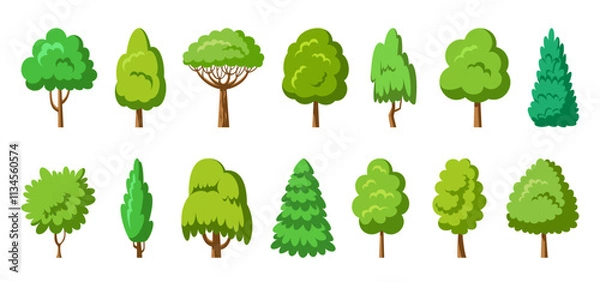 Fototapeta Flat tree set. Stylized eco plants side view. Arboretum garden willow cypress thuja pine oak poplar birch. Cartoon green trees forest spruce maple sequoia. Aspen alder ash linden acacia chestnut