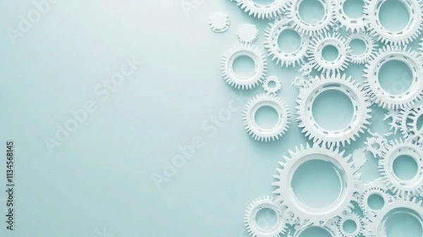 Fototapeta A geometric arrangement of white gears on a soft light blue background, creating a pattern of circular motion. 