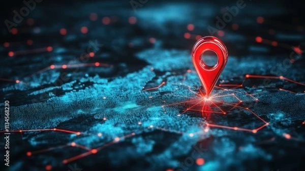 Fototapeta A glossy red location pin on a modern, digital world map, with dynamic, glowing lines connecting to the destination point. 