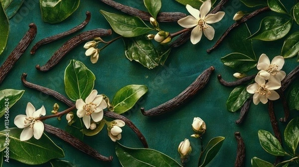 Fototapeta Flat lay of vanilla beans and blossoms on teal background.
