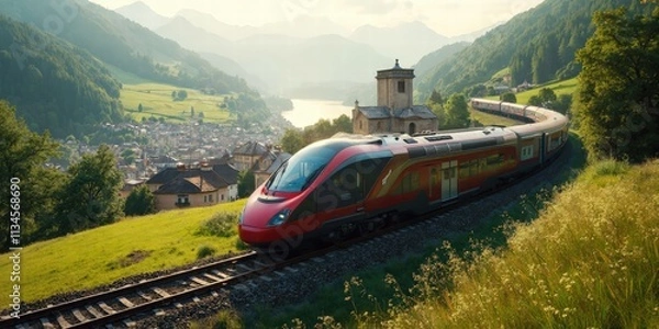 Fototapeta Scenic European Trains: Modern Railways Gliding Through Picturesque Countryside, Rolling Hills, Charming Villages, Historic Landmarks, Mountains, and Rivers in a Serene and Timeless Landscape