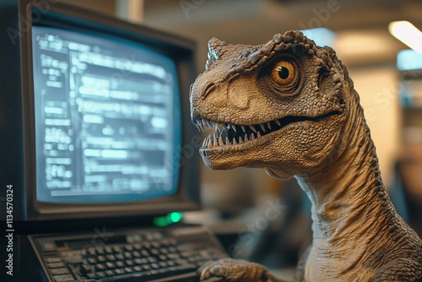 Fototapeta A dinosaur figure interacts with an old computer, combining elements of technology and prehistoric life in a whimsical scenario.
