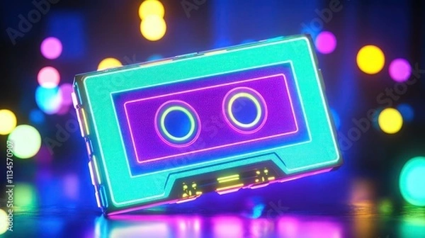 Fototapeta A glowing neon cassette tape in turquoise, neon purple, and lime green, with bokeh lights swirling in the background. 