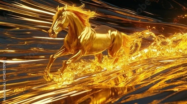 Fototapeta A golden horse galloping at full speed, seamlessly merging with fluid streams of molten gold, symbolizing mechanical power. 