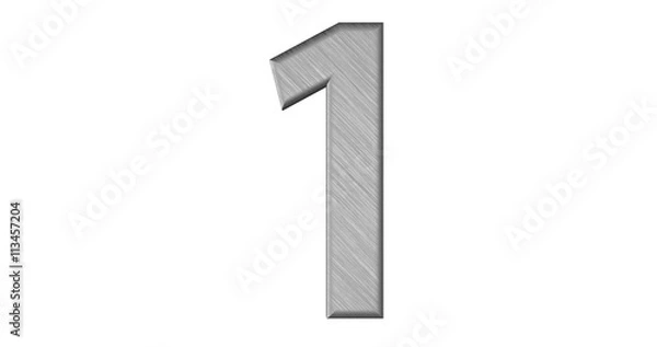 Fototapeta The 3d rendering of the letter 1 in brushed metal on a white iso