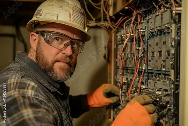 Fototapeta Skilled Technician in Protective Gear Working on Electrical Control Panel with Exposed Wiring in Industrial Environment
