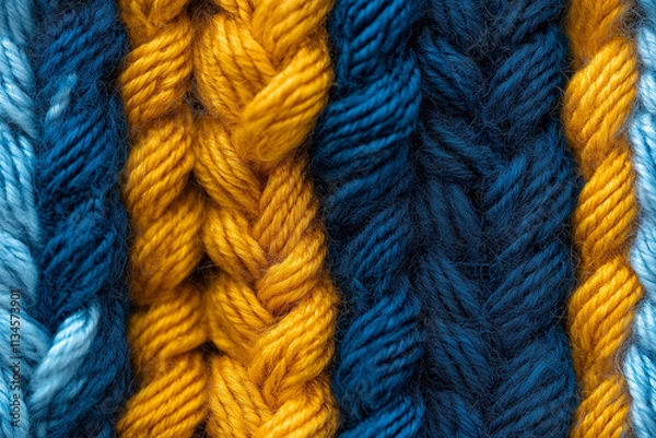 Fototapeta The texture of the hand-knitted fabric made of woolen threads, a variety of patterns. Close-up of multicolored knitting