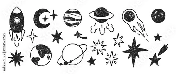 Obraz Set of elements of space with planets, stars and sun. Crayon, pencil or chalk texture. Hand drawn cartoon illustration for kids. Pastel vector illustration on a white background.