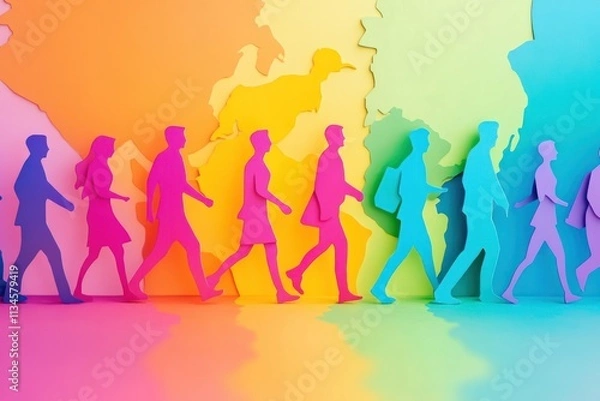 Fototapeta Colorful Silhouettes Walking Across a Vibrant Background