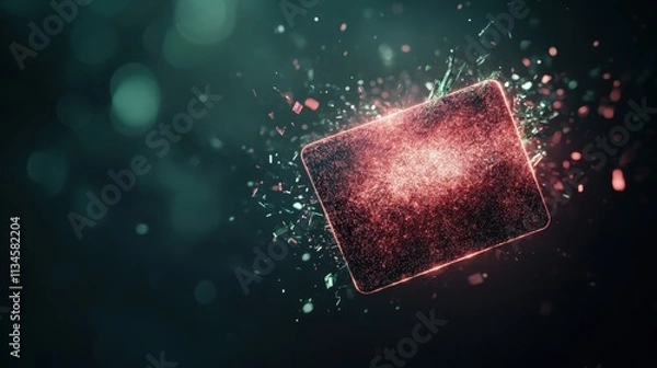 Fototapeta A glowing, abstract card-like object surrounded by particles in a mystical, green-hued background, suggesting technology or digital themes.