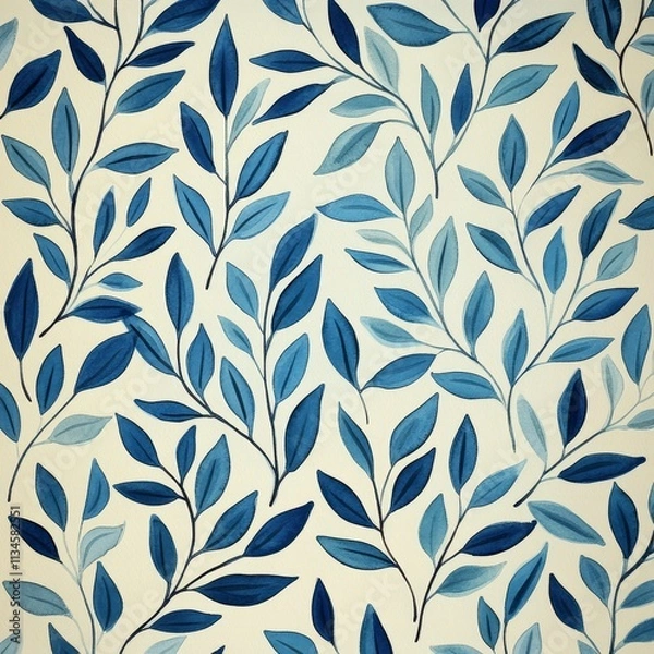 Fototapeta Seamless Watercolor Pattern, Teal And Blue Leaves And Branches On Light Background, For Textiles