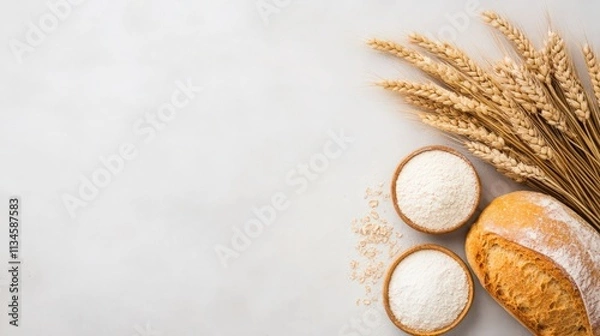 Fototapeta A white background with wheat and bread on it