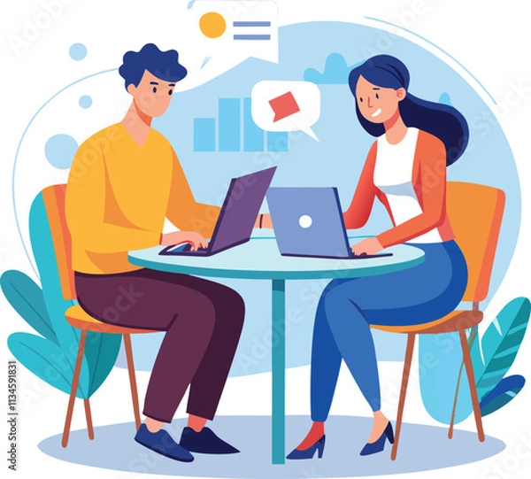 Fototapeta Partners meeting for business discussion with documents and laptop on desk. Couple at round table, speaking, discussing work, partnership. Flat vector on a white background