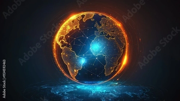 Fototapeta Abstract digital planet Earth with an orange and blue glowing light effect, global network concept, information exchange between countries on the world map background.