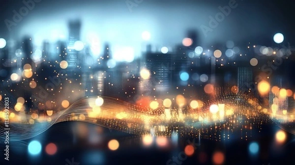 Fototapeta Abstract digital sound wave background with a blurred cityscape and glowing lights, representing a data technology concept. Abstract futuristic design for a business or science.
