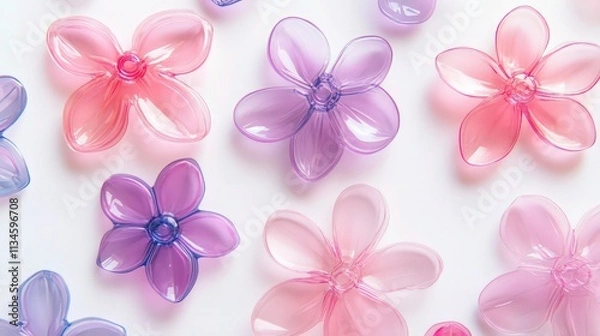 Fototapeta Flower-shaped stickers with transparent plastic material, in pink and purple colors on a white background.