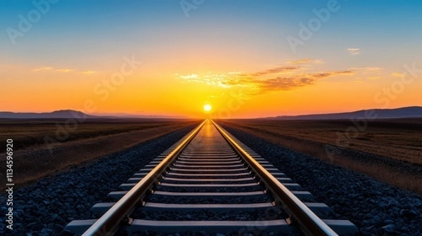 Obraz A train track with a sunset in the background