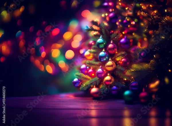 Fototapeta A vibrant, miniature Christmas tree adorned with colorful ornaments sits on a dark wooden surface, bathed in a warm, festive glow from bokeh lights.